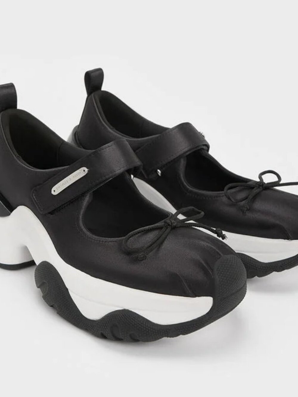 Charles & Keith Mary Jane Sneakers Satin Bow Black Two Tone Shoes EU 39